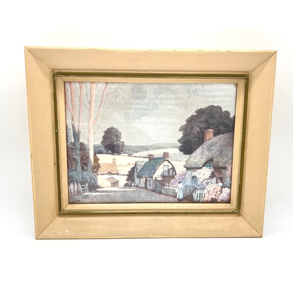 Vintage English‎ Cottage Landscape Framed Print Foil Art Village Scene 10.5x8.5